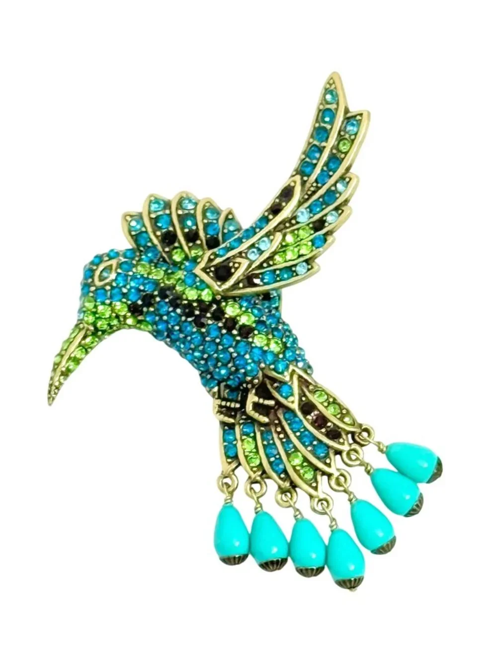 Heidi Daus Hummingbird Combo Brooch Rhinestone Embellished w/Dangling Beads